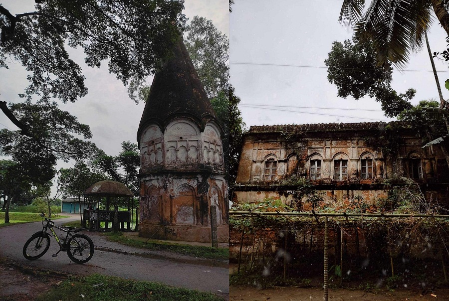বাঁ দিকে চন্দ্রাবতীর নির্মাণ করা শিবমন্দির ও ডান দিকে তার বাড়ি
